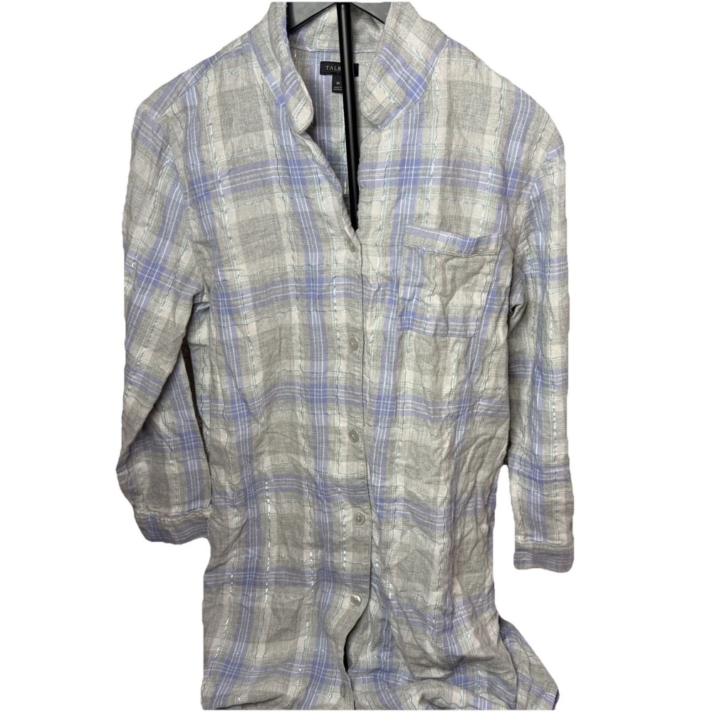 TALBOTS Womens Medium Lavender Purple Silver Plaid Flannel Night Shirt Gown - Picture 3 of 7